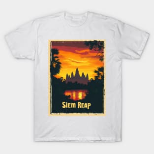 This vintage travel poster captures the iconic temples of Siem Reap silhouetted against a stunning sunset, reflecting on tranquil waters T-Shirt
